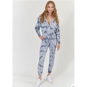 Lezat Restore Soft Terry Tie Dye Jumpsuit Blue Gray Zip Front Lounge Romper L